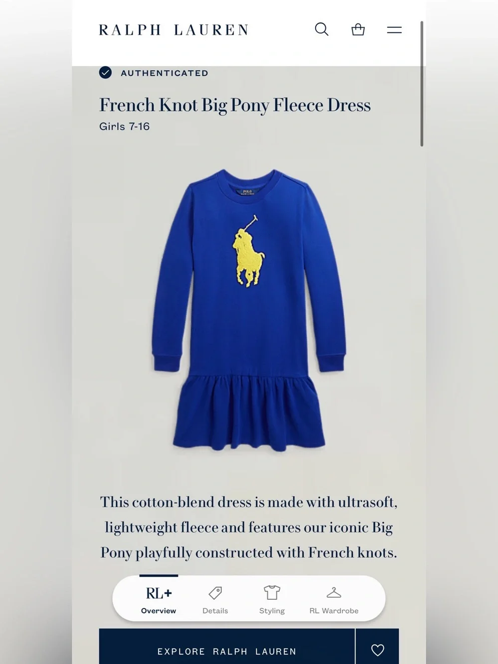 Polo by Ralph Lauren Royal Blue Fleece Dress with Yellow Pony